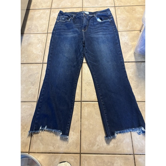 Risen Jeans Pants - Risen Women's 3X Stretch Wide Leg Jeans Distressed Ragged Edge Plus  Dark Wash